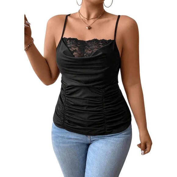 Women's Plus Size Lace Trim Ruched Cami Top Spaghetti Strap Draped Front - Picture 3 of 6